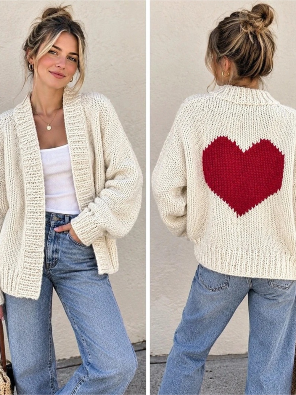 Handknit Sweater Cardigan with Heart Design Sz Sm - Med Handmade